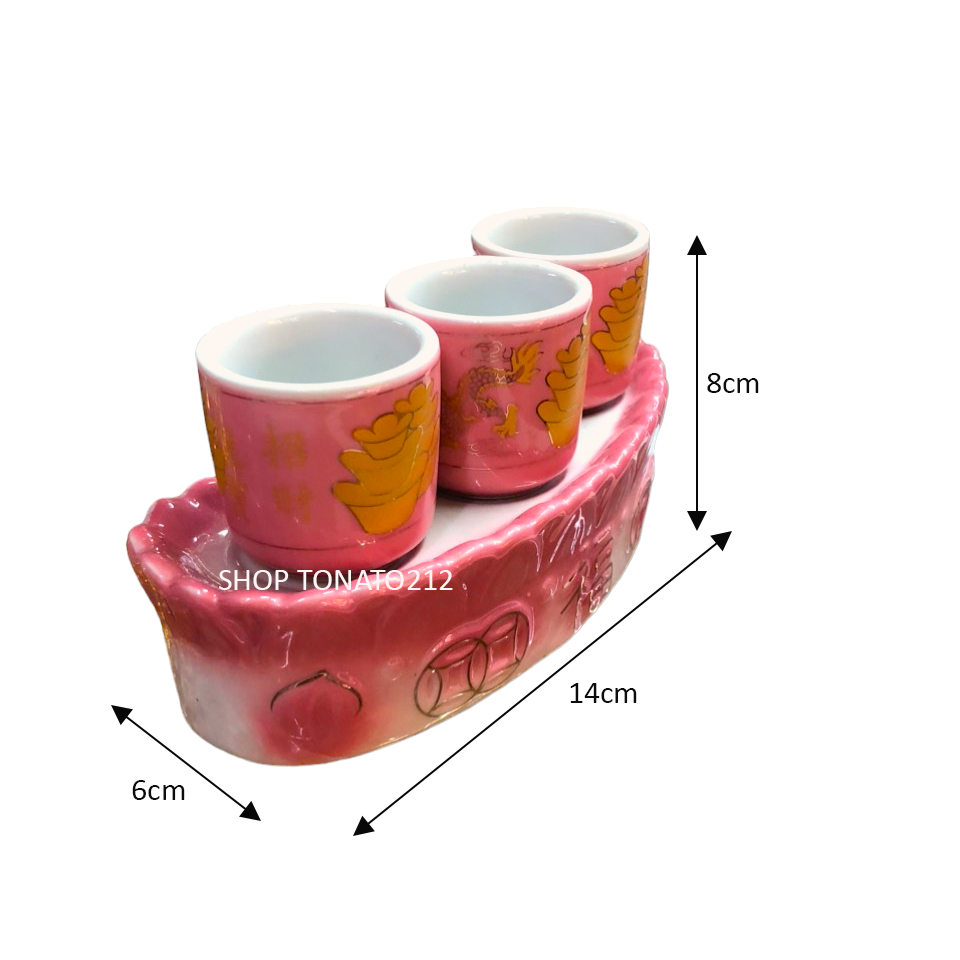 CHUNG BỘ 3 LY THỜ CÚNG TRÁI ĐÀO CONG HỒNG CAO 8CM