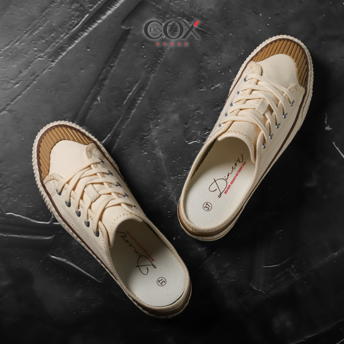 Giày Sục Đạp Gót Mules Vải Sneaker Unisex Tăng Chiều Cao 4cm DINCOX E10 Off/white