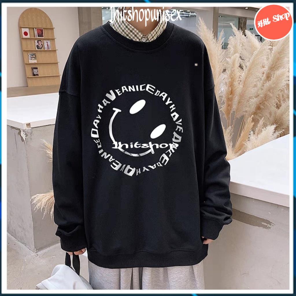 Áo Sweater nam nữ 1HITSHOP Áo nỉ cổ tròn forrm rộng overseze in hình mặt cười nghiêng nỉ cotton dày ấm 2 màu đen trắng