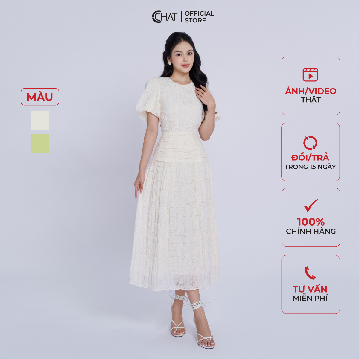 Đầm Nữ Kiểu Cổ Tròn Nhún Eo Dáng Xòe Chất Voan Cao Cấp Bay Bổng 13VNV2018XT