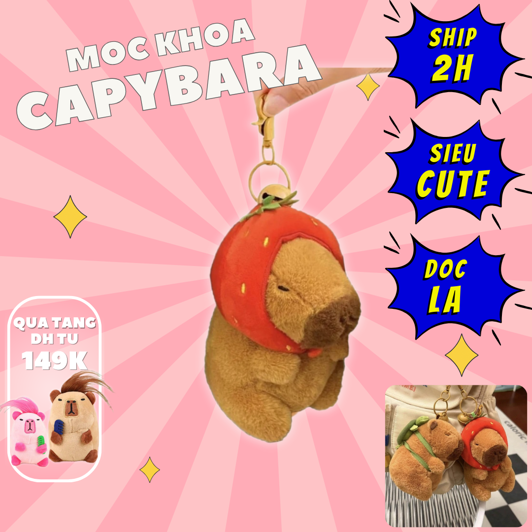 Móc khoá Capybara 12 cm vô tri hài hước, thú nhồi bông chuột lang nhiều mẫu mã đeo balo, đội mũ dâu, gấu bông Capybara có tóc Hồng Nâu