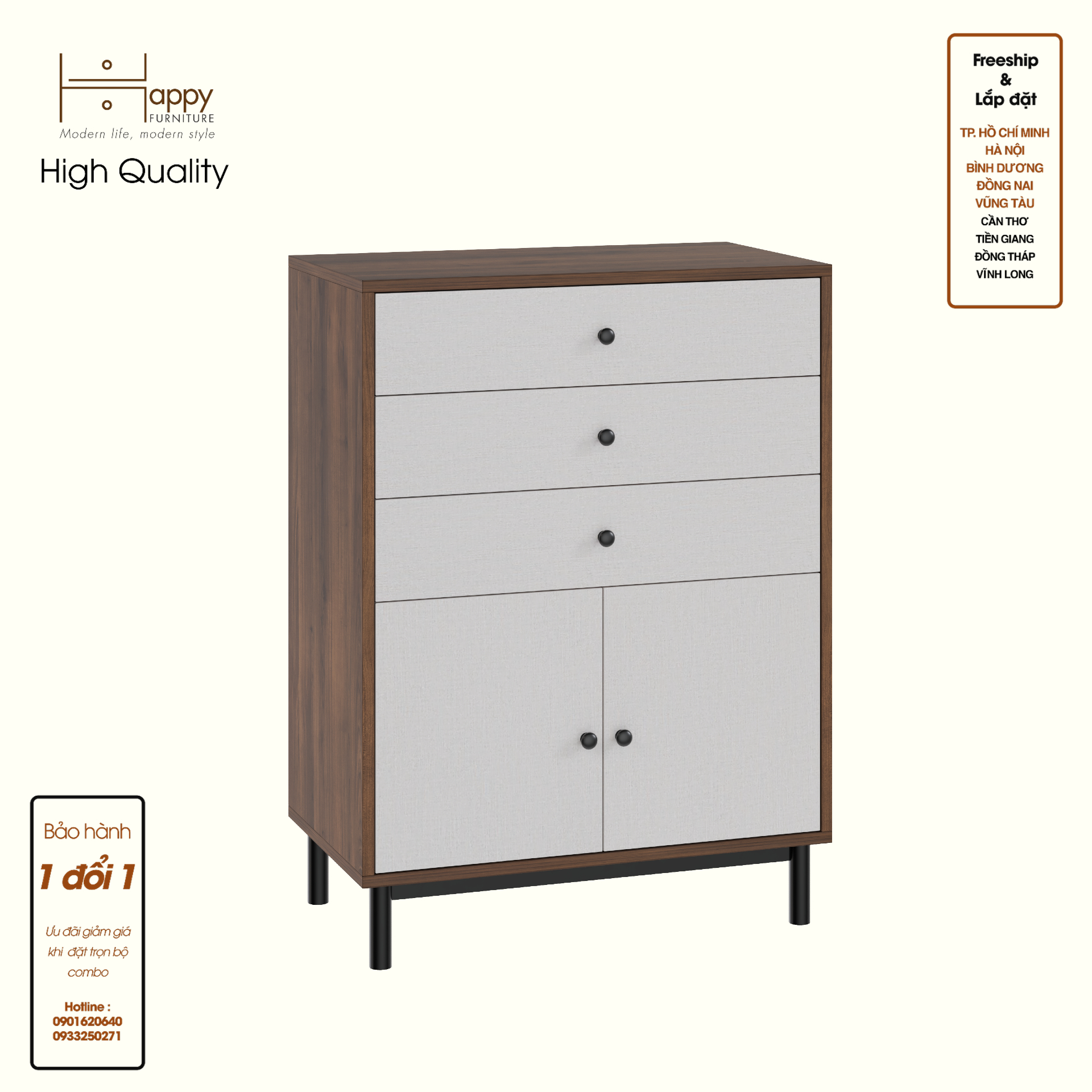 HAPPY FURNITURE , Tủ lưu trữ 3 ngăn kéo 2 cánh mở- LIVIK, TLT_055 , 70cm x 40cm x 95cm DxRxC