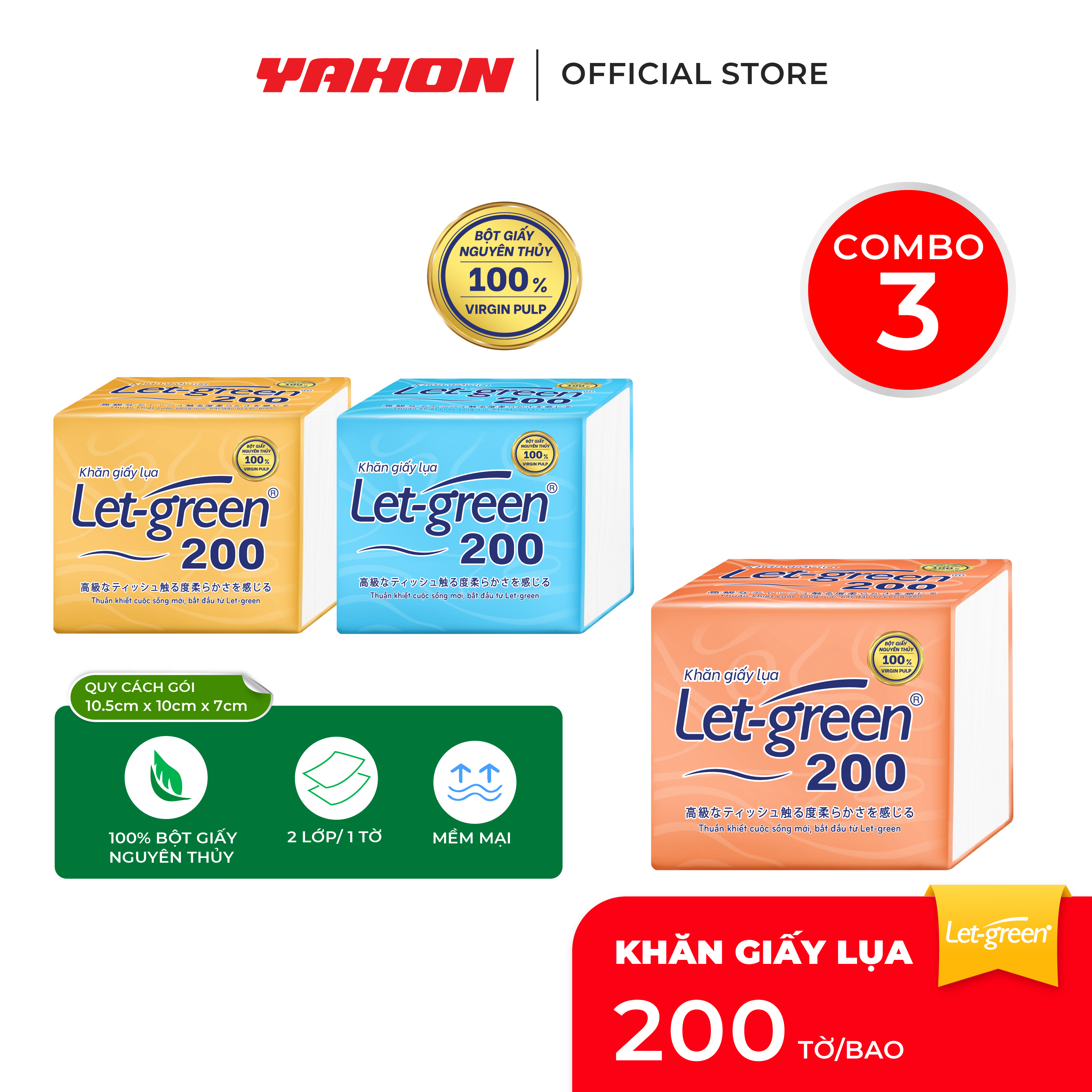 Combo Bao Khăn Giấy Lụa Let-green, 200 tờ/bao (màu ngẫu nhiên)