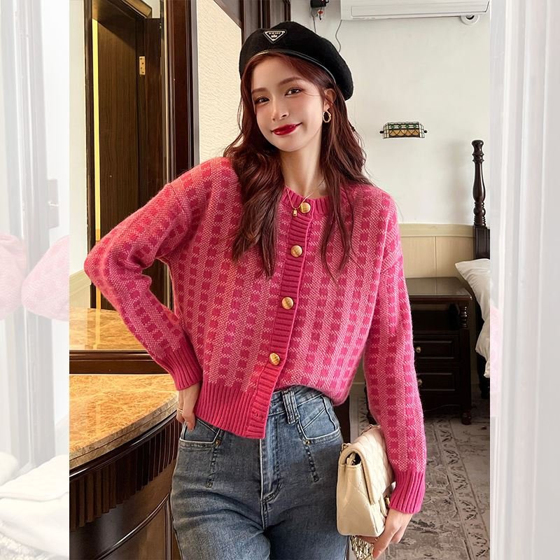 Hình ảnh Áo khoác cardigan nữ họa tiết ô phối màu độc đáo, style Hàn Quốc hot năm nay AK13 hồng