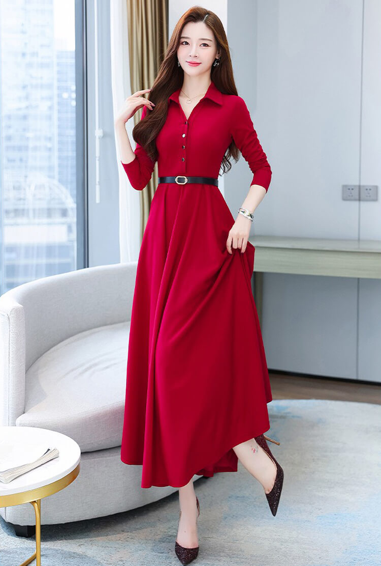 Đầm dáng dài cổ bẻ kèm nịt