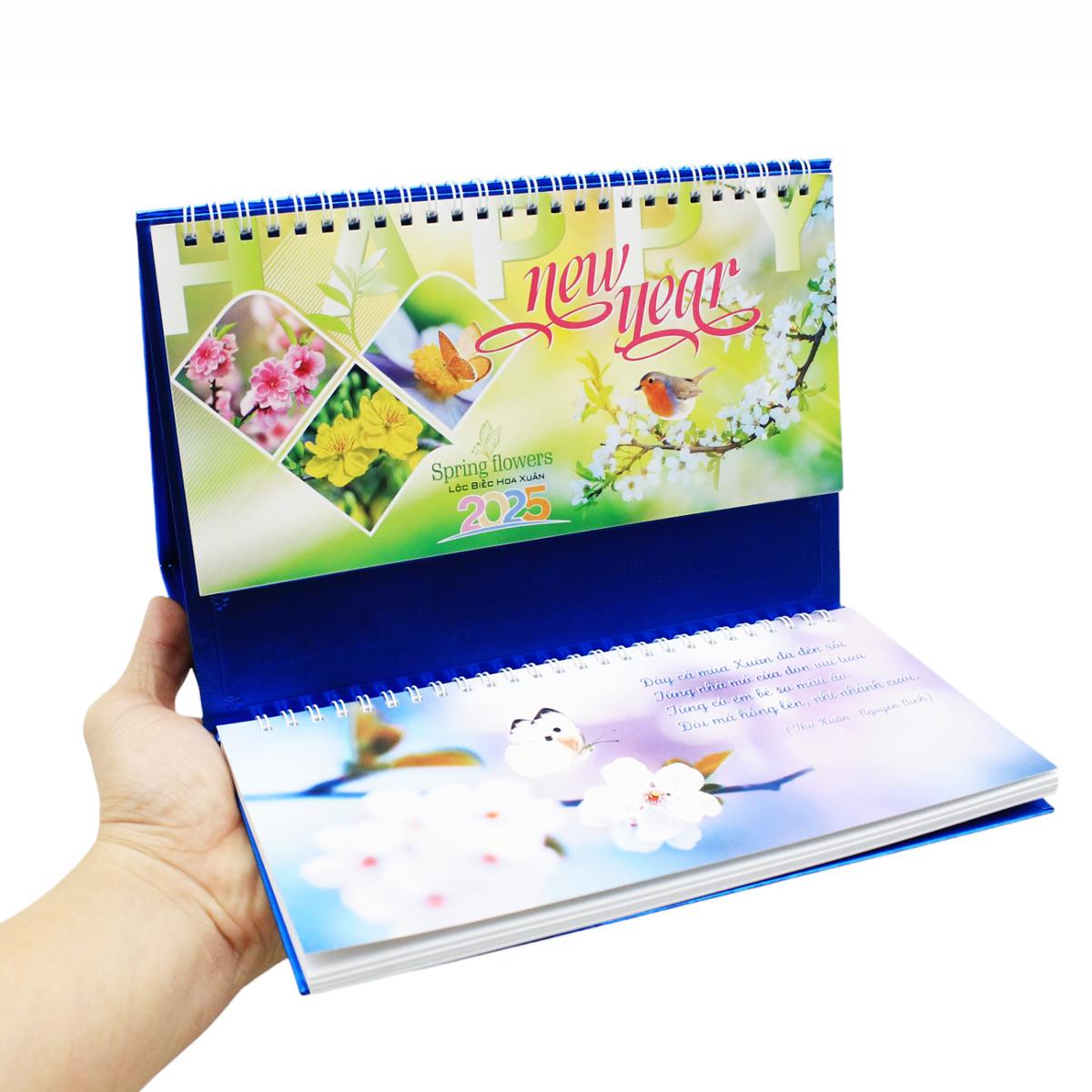 Lịch Bàn 2025 Có Note - Lộc Biếc Hoa Xuân - Văn Lang VL-LB16 - Đế Màu Xanh