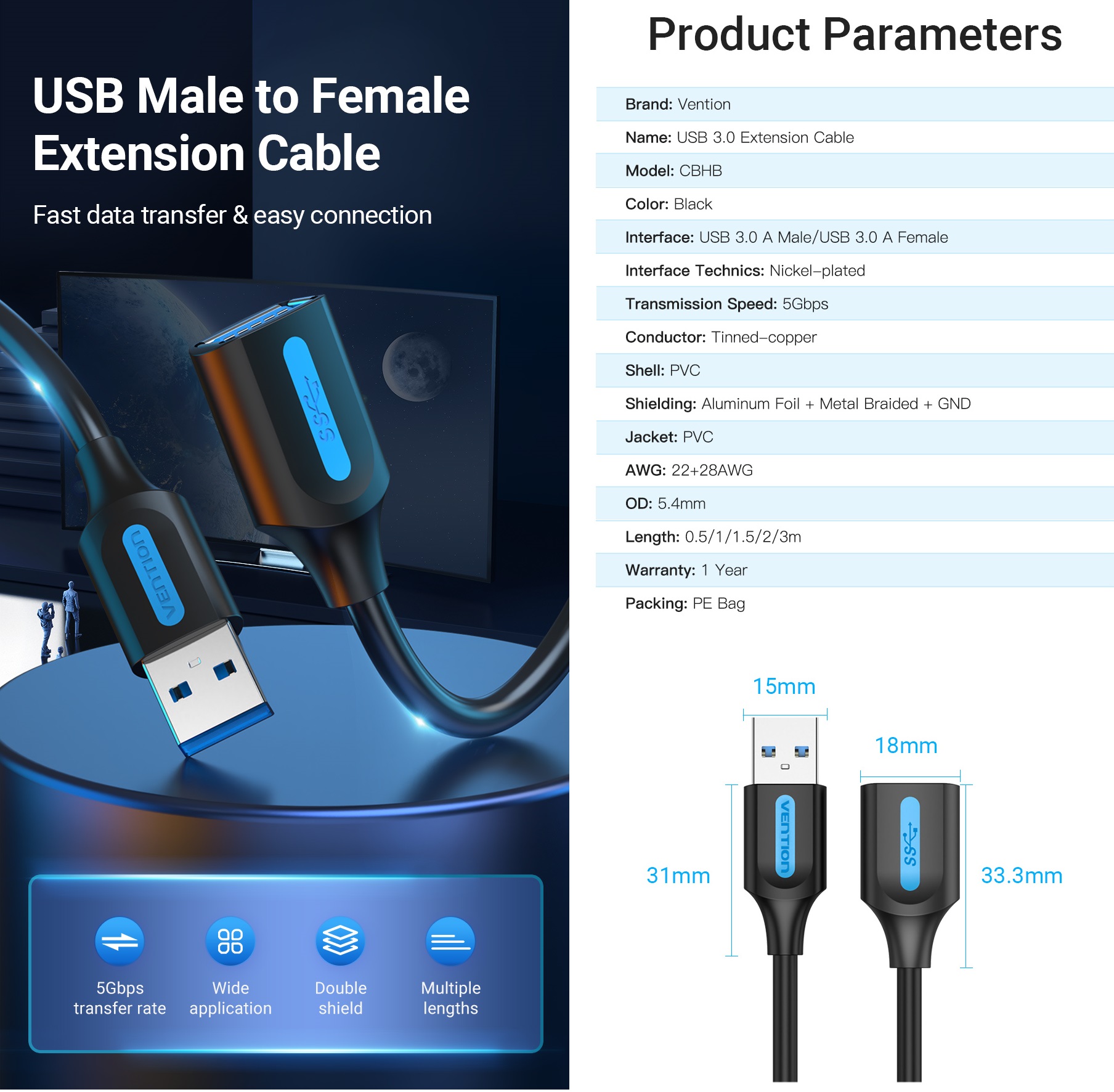 Cáp nối dài USB 3.0 dây nhựa tròn to bền Vention CBHBF _ Hàng chính hãng