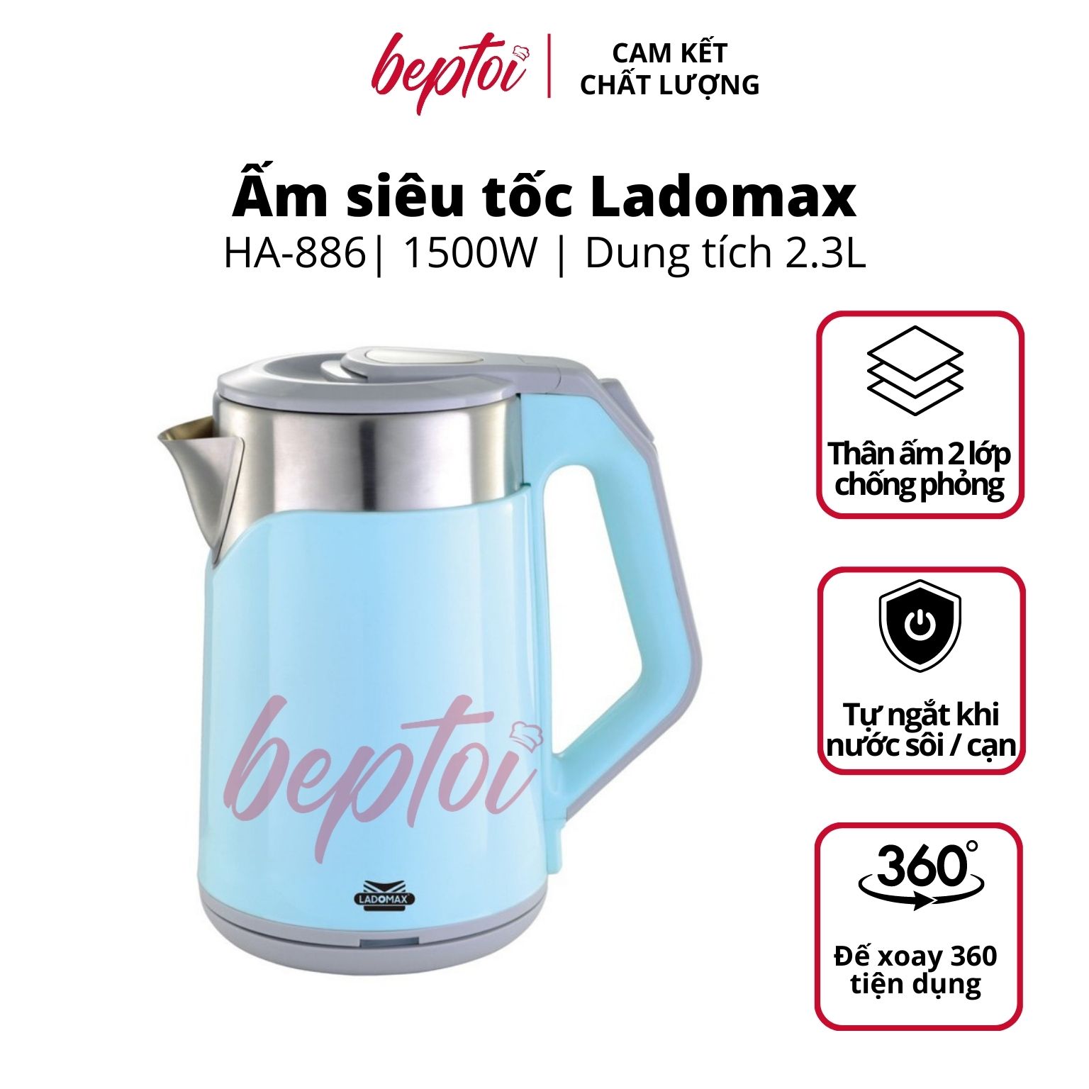 Bình đun siêu tốc dung tích 2.3 Lít, ấm siêu tốc Inox 2 lớp chống phỏng đun nước siêu nhanh Ladomax HA-886 - Hàng chính hãng