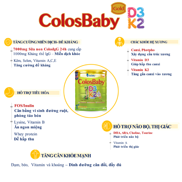 Sữa non Colosbaby Gold D3K2 1+ 800g, sữa bột giúp bé tăng cường đề kháng, chắc  khỏe hệ xương - VitaDairy