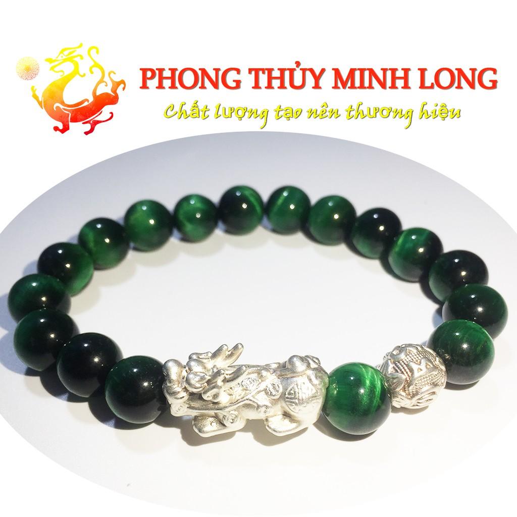 Vòng tay đá Mắt Hổ Xanh Lá chất lượng 5A mix Tỳ Hưu và 1 hạt kim tiền Bạc hợp mệnh Mộc và Mệnh Hỏa