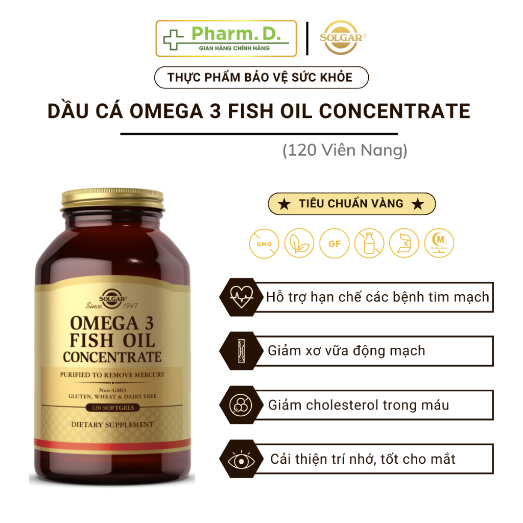 Viên Uống Dầu Cá Bổ Sung Omega 3 Hỗ Trợ Giảm Xơ Vỡ Động Mạch, Cải Thiện Trí Nhớ, Tốt Cho Tim Mạch Solgar Fish Oil Omega 3 Concentrate (Hộp 120 Viên)