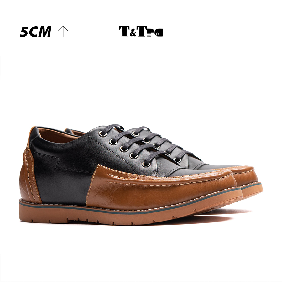 Giày Độn Nam T&TRA Tăng Cao 5Cm- T71 Đen Nâu - Chất Liệu Da Bò Cao Cấp, Đế Cao Su Đúc , Phần Tăng Cao Ẩn Bên Trong