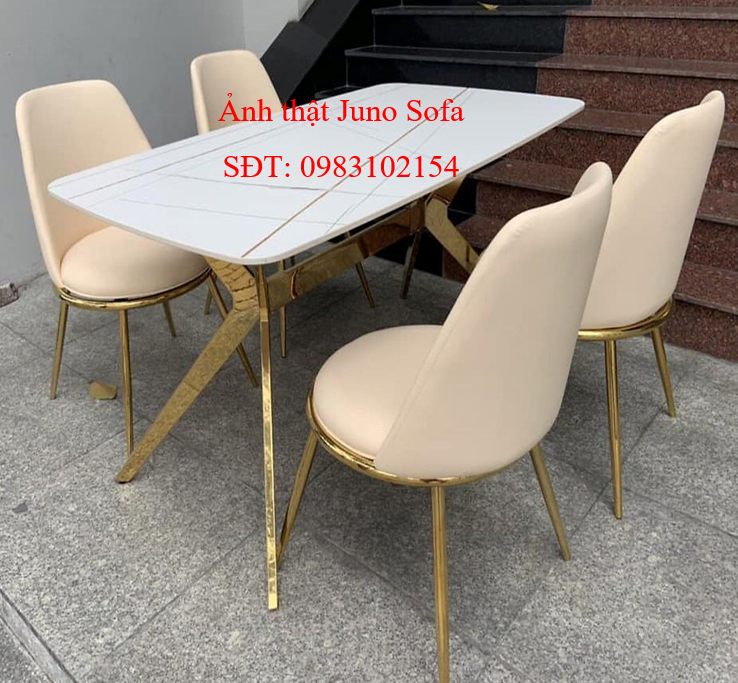 Bộ bàn ăn Juno Sofa Chất Lượng mặt đá 4 ghế chân inox mạ vàng