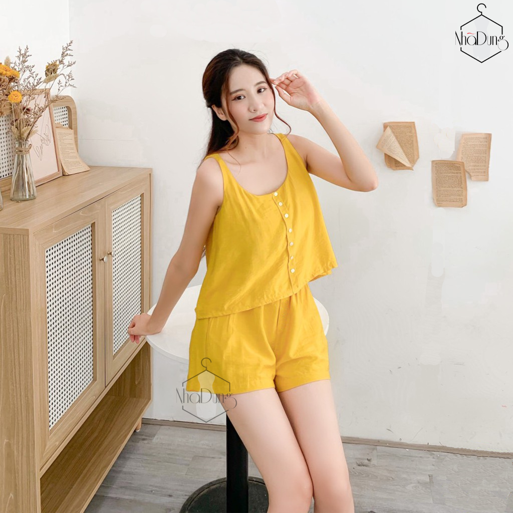 Đồ mặc nhà đồ ngủ nữ vải đũi nhăn mềm có túi cách điệu nút áo xinh xắn size từ 40-70kg