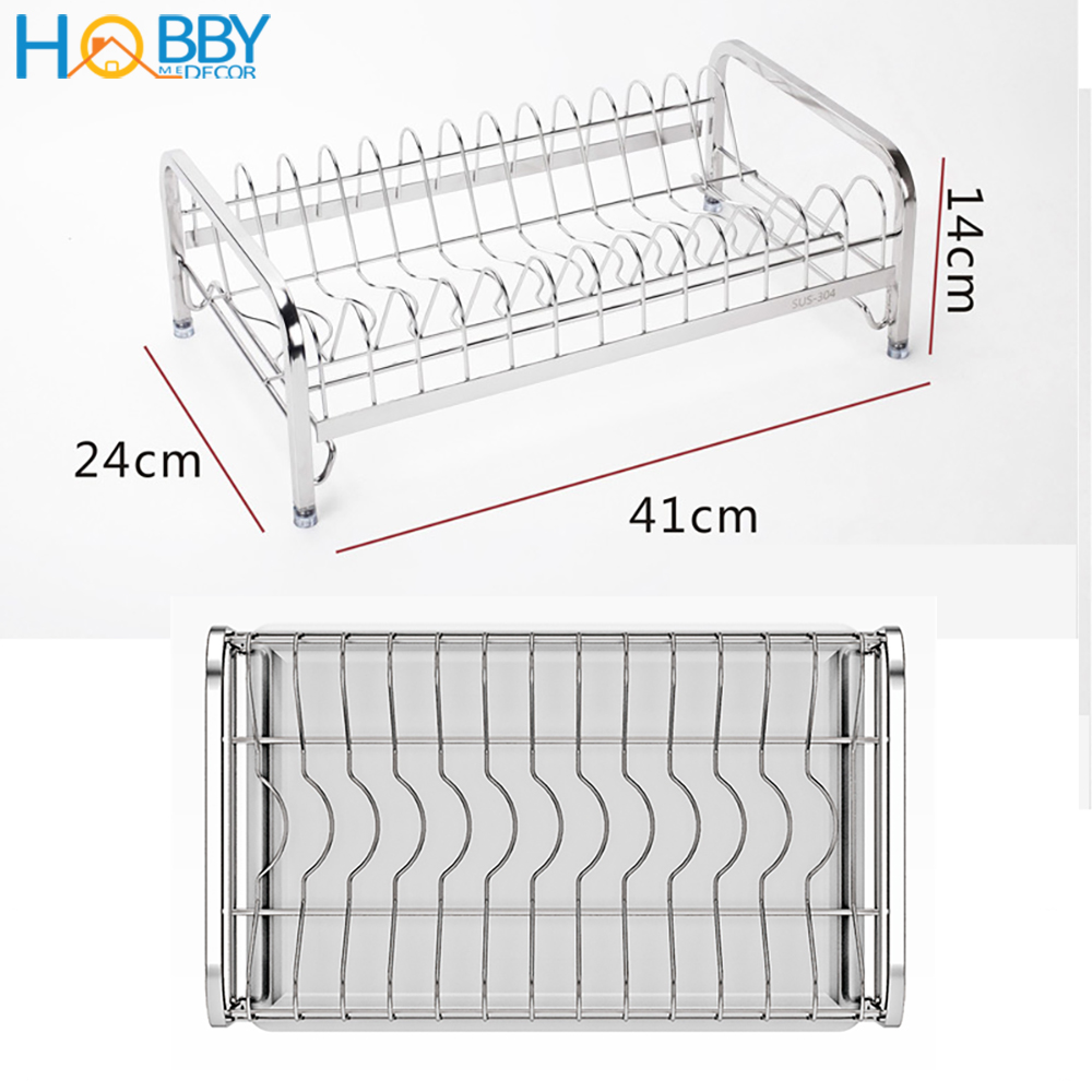 Kệ úp đĩa lớn nhỏ Inox 304 HOBBY Home Decor KUD14 - không rỉ có và khay hứng nước