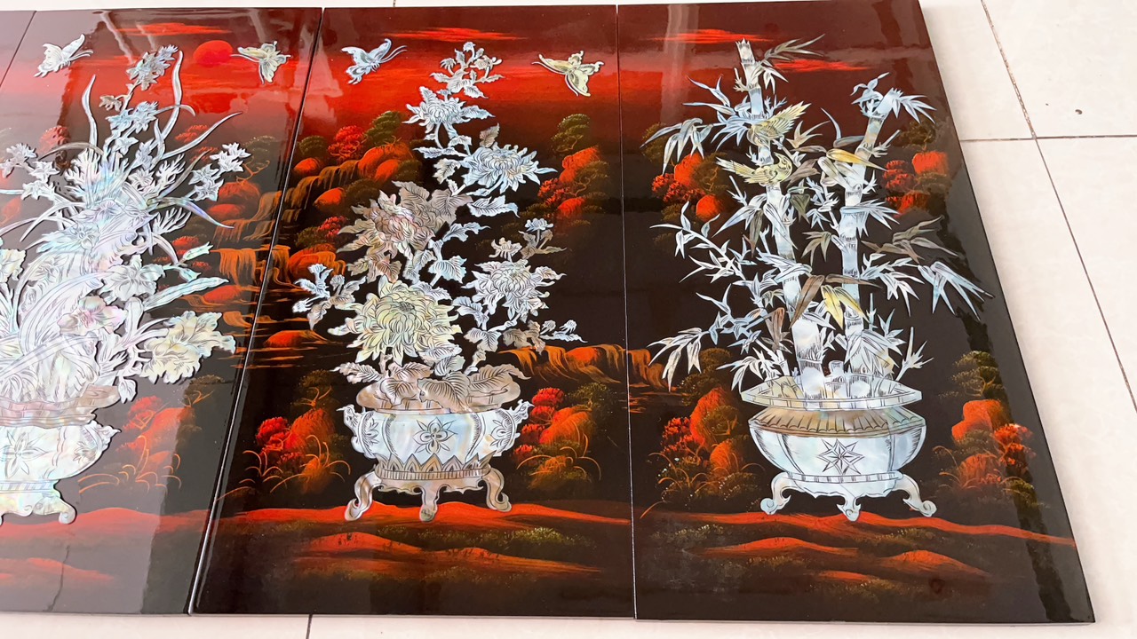 Tranh sơn mài 4 mùa Mai Lan Cúc Trúc cẩn ốc nổi size 60x120 cm