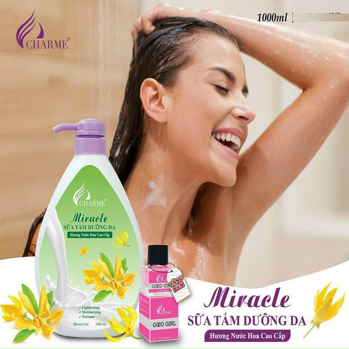 Sữa tắm Charme dưỡng trắng da Miracle 1000ml - Hương Ngọc Lan Tây + Tặng kèm 1 chai nước hoa 5ml