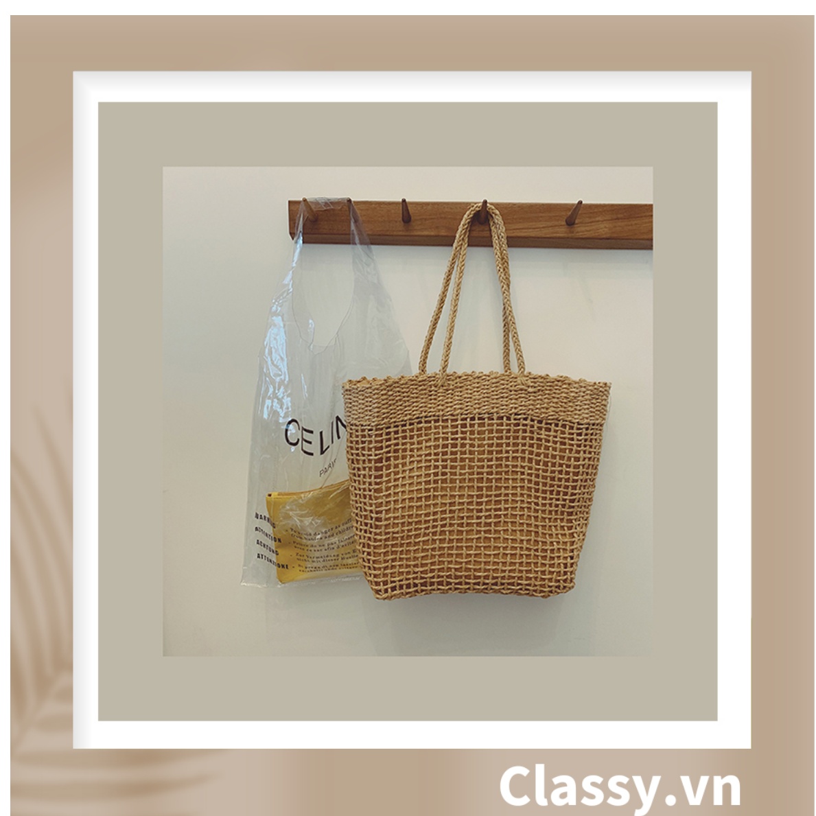 Túi cói Classy hình thang thời trang, thích hợp đi biển, đi dạo, đi chơi T1073