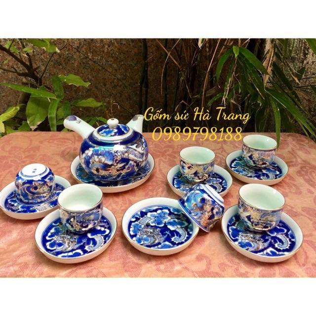 Bộ ấm chén quai ngang gốm sứ Bát Tràng vẽ vàng 24K hoạ tiết long ẩn