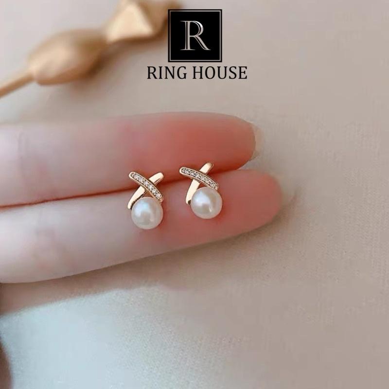 (Bạc 925) Khuyên Tai Bông Tai Nữ Chữ X Đính Hạt Trai Đẹp Freeship Ring House