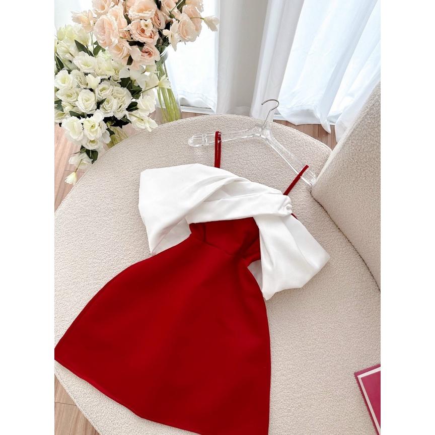 Đầm đỏ 2 dây trễ vai xoắn nơ ngực váy cưới cô dâu mẫu nina lê dự tiệc