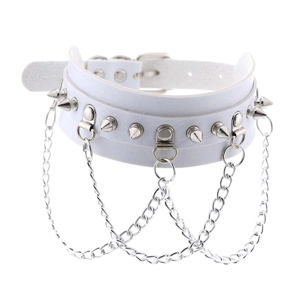 Gothic Pu Leather Choker Women Spike Metal Chain Necklace Punk Jewelry White