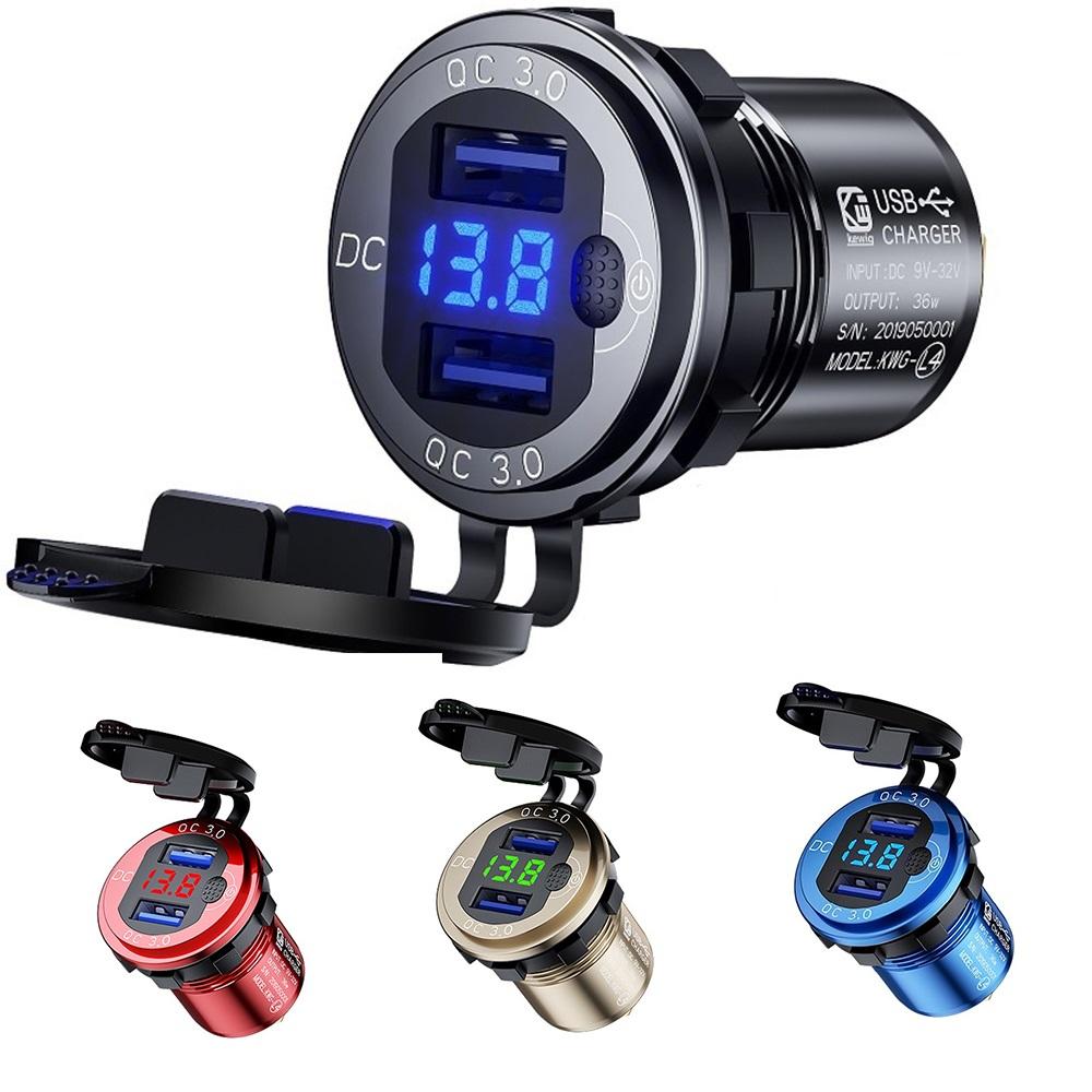 Sạc nhanh 3.0 36W Xe kép Bộ sạc USB QC3.0 Nhôm không thấm nước với công tắc vôn kế cho thuyền máy xe máy 12V/24V