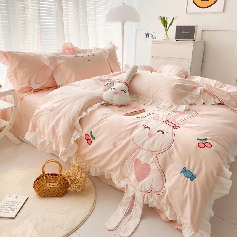 Bộ Chăn Ga Gối Cotton Linen Disney Hàng Nhập Khẩu Cao Cấp 5 Món Thỏ Hồng