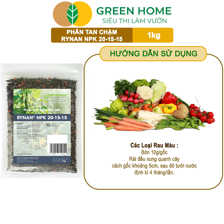 Phân Tan Chậm GreenHome, Rynan NPK 20-15-15, Túi 1kg, Dùng Cho Loại Cây Họ Leo Bầu Bí, Mướp, Dưa Leo