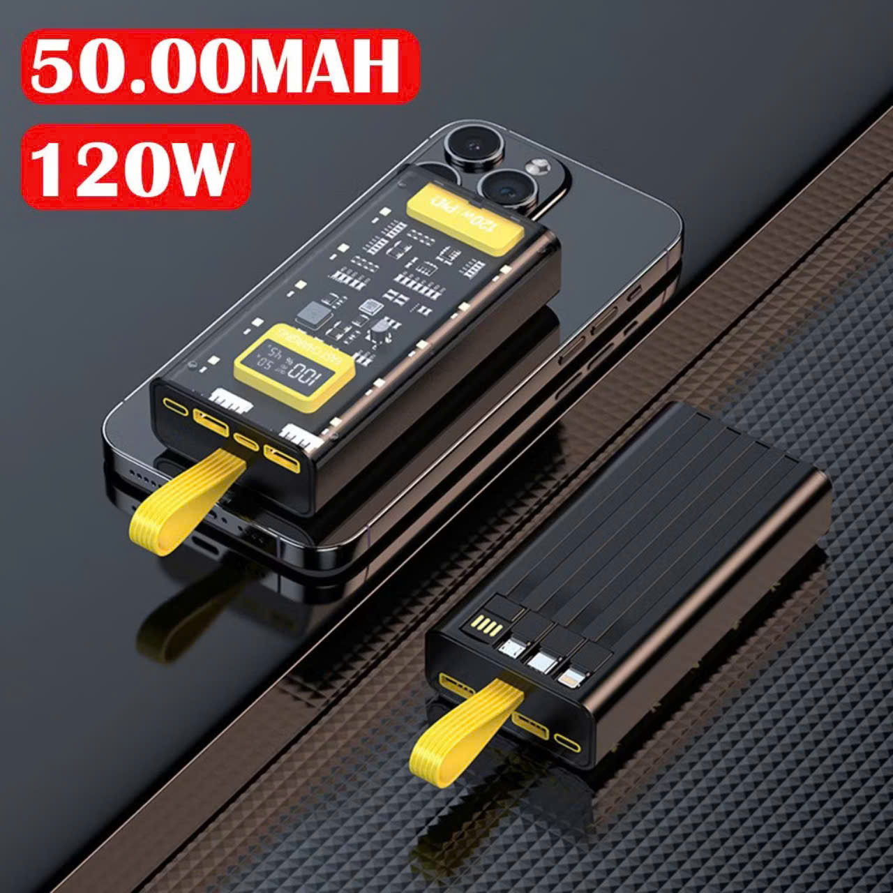 Sạc Dự Phòng 50.000MAH Trong Suốt kèm cáp sạc nhanh 4 đầu, tích hợp 4 cáp sạc, làm đèn ngủ - FTAKY Hàng Nhập Khẩu