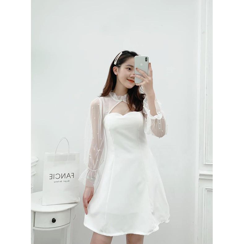 ĐẦm dự tiệc Đầm xòe nữ đầm đi chơi Đầm nữ tay dài phối lưới cổ tàu thời trang dự tiệc dạo phố