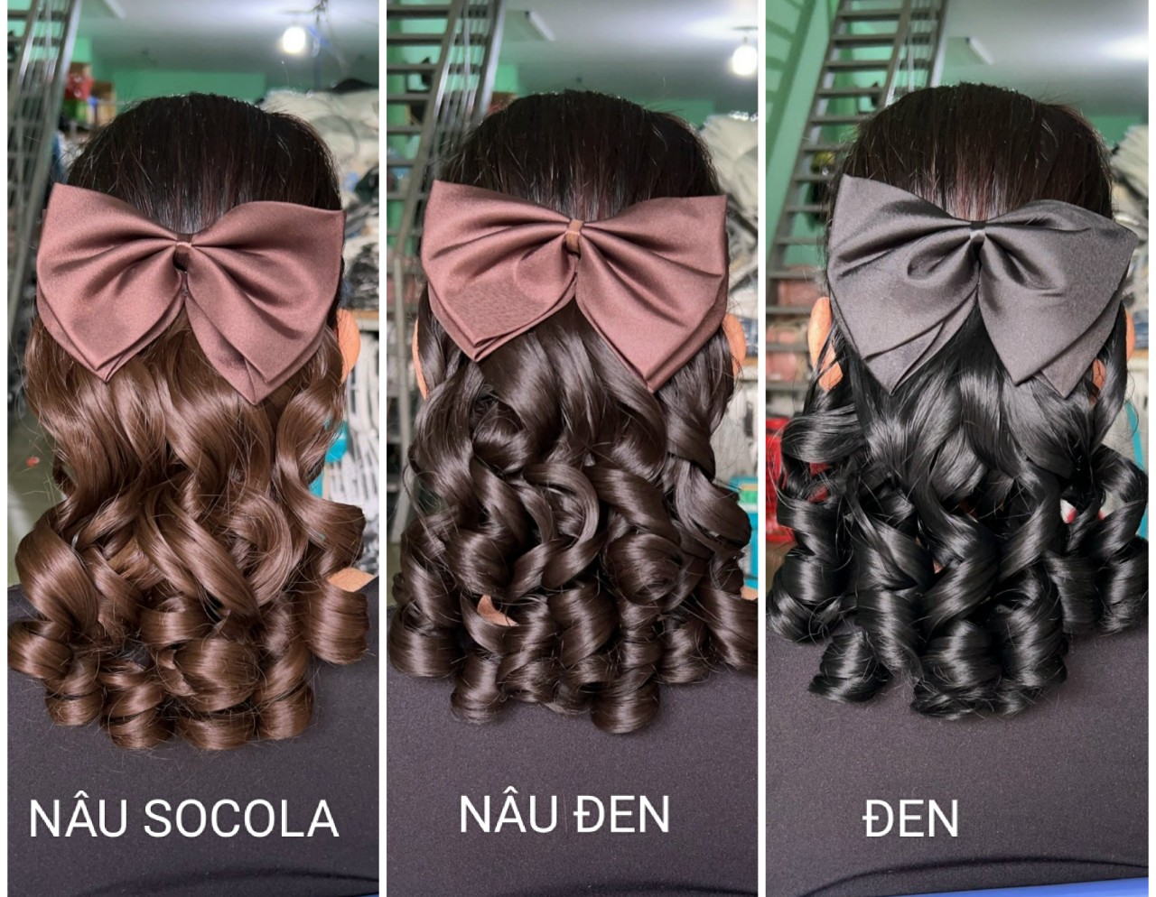 Tóc giả nữ cài lọn nơ, tóc giả cho người trung niên, tóc xoăn lọn