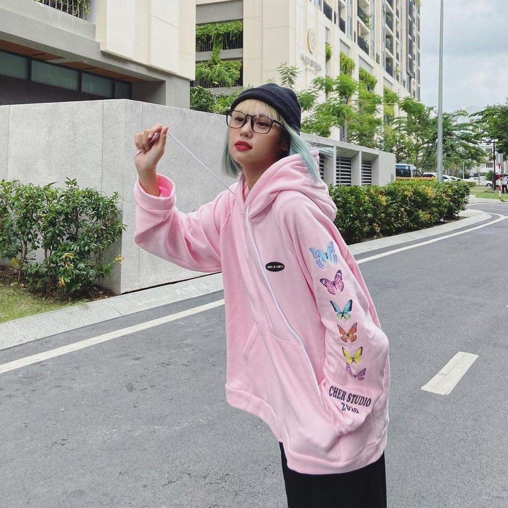 ÁO KHOÁC NỈ HỒNG ĐEN KIỂU DÁNG ÁO KHOÁC HOODIE FORM RỘNG PHỐI MŨ