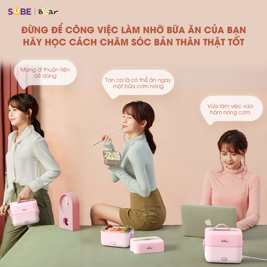 Hộp Cơm Cắm Điện Bear 2 Tầng 3 Ngăn Hâm Nóng Cực Nhanh Inox 304 An Toàn Giữ Nhiệt Chống Trào 1,2L SB-HC12L - Hàng Chính Hãng