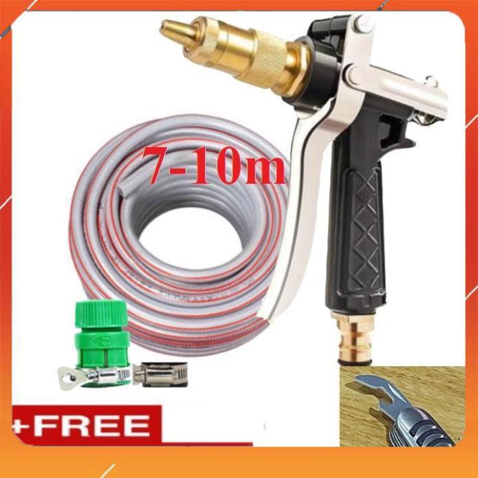 Vòi Xịt️ Bộ dây vòi xịt nước rửa xe, tưới cây , tăng áp 3 lần, loại 7m, 10m 206236 đầu đồng,đai+ mở chai