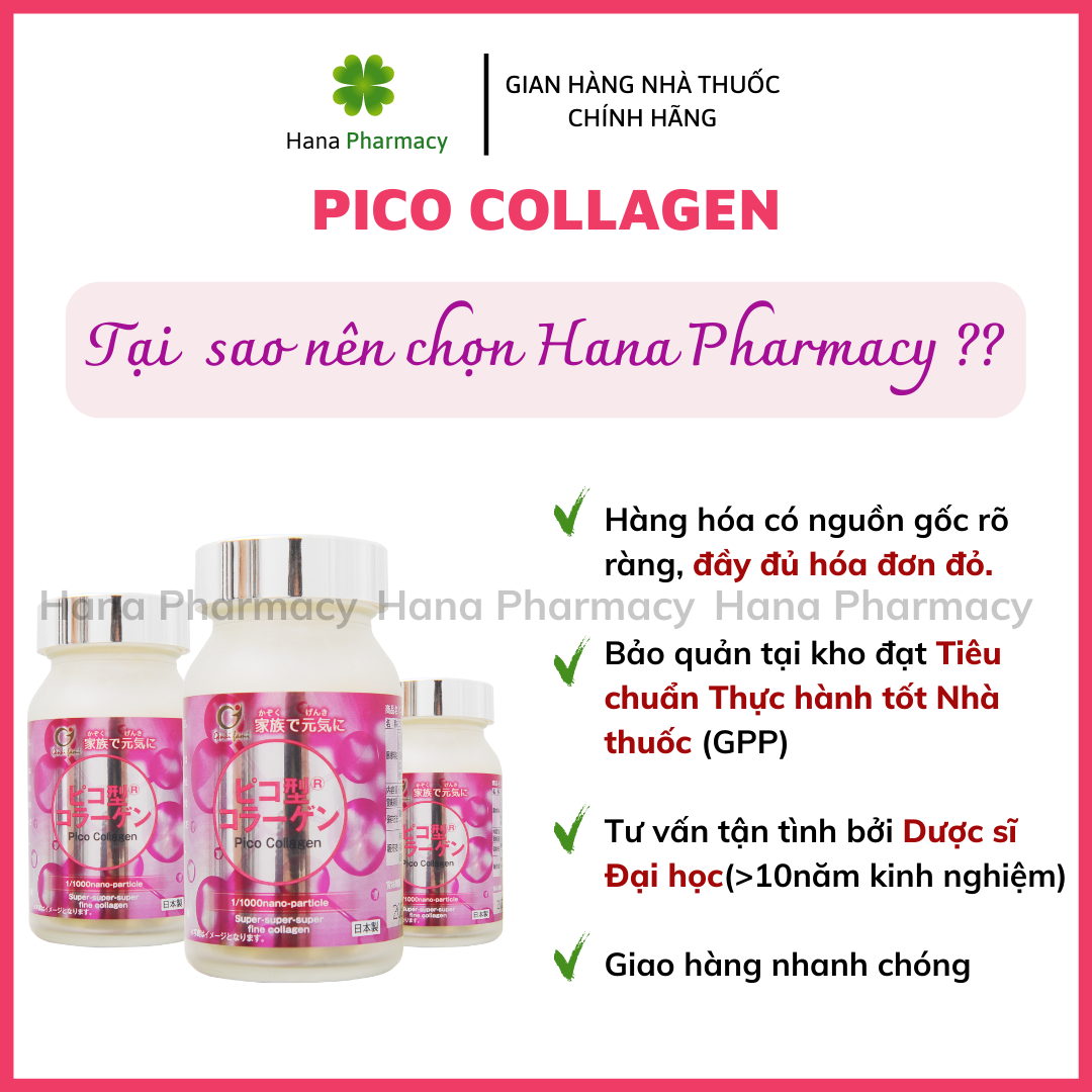 PICO COLLAGEN với collagen kích thước siêu nhỏ, hyaluronic acid, sữa ong chúa, chiết xuất nhau thai giúp tăng đàn hồi và độ ẩm, ngừa mụn, làm chậm lão hóa da, giúp da căng mịn