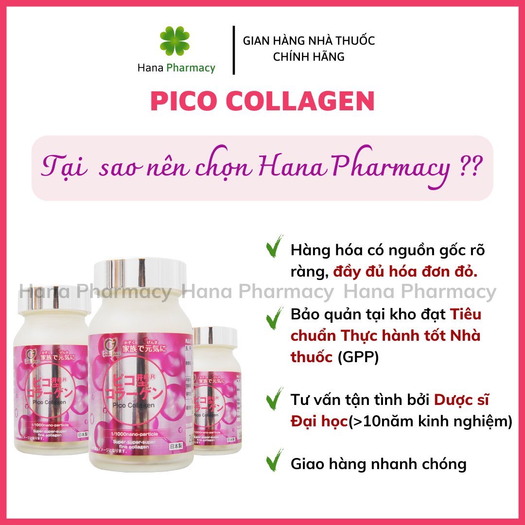 [Nhập khẩu chính hãng] PICO COLLAGEN với collagen kích thước siêu nhỏ, hyaluronic acid, sữa ong chúa, chiết xuất nhau thai giúp tăng đàn hồi và độ ẩm, ngừa mụn, làm chậm lão hóa da, giúp da căng mịn (Hộp 180 viên/30 ngày)