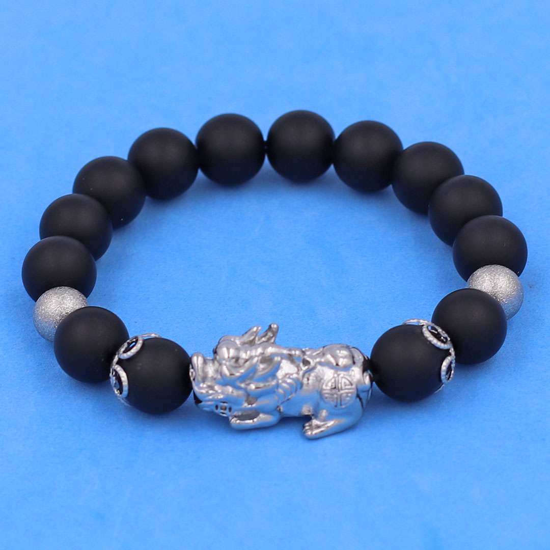 Vòng chuỗi đeo tay đá thạch anh đen mờ 10 ly charm tỳ hưu inox, bi inox, khía bông inox, vòng tay phong thuỷ, vòng tay tỳ hưu