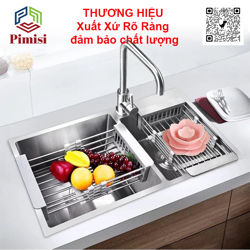 Kệ Inox Gác Bồn Rửa Chén Pimisi PRR-11 Với Tay Cầm Bằng Nhựa Và Khay Inox 304 Thiết Kế Hình Chữ Nhật, Góc Vuông Được Bo Tròn Và Rổ Kéo Điều Chỉnh Độ Dài Co Giản Để Úp Bát Đĩa - Rau Củ Quả Phù Hợp Với Nhiều Chậu Rửa Bát Trong Nhà Bếp | Hàng Chính Hãng