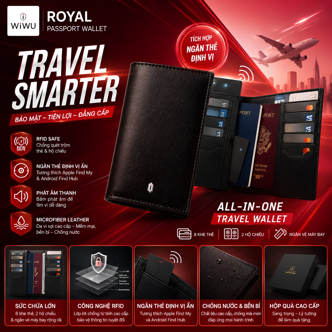 Ví Đựng Hộ Chiếu WlWU Royal Passport Wallet FM RFID Travel Wallet With Find My Card Slot | RFID Safe | Tương Thích Nhà Táo Find My & Android Find Hub | Da Microfiber Leather - Hàng nhập khẩu