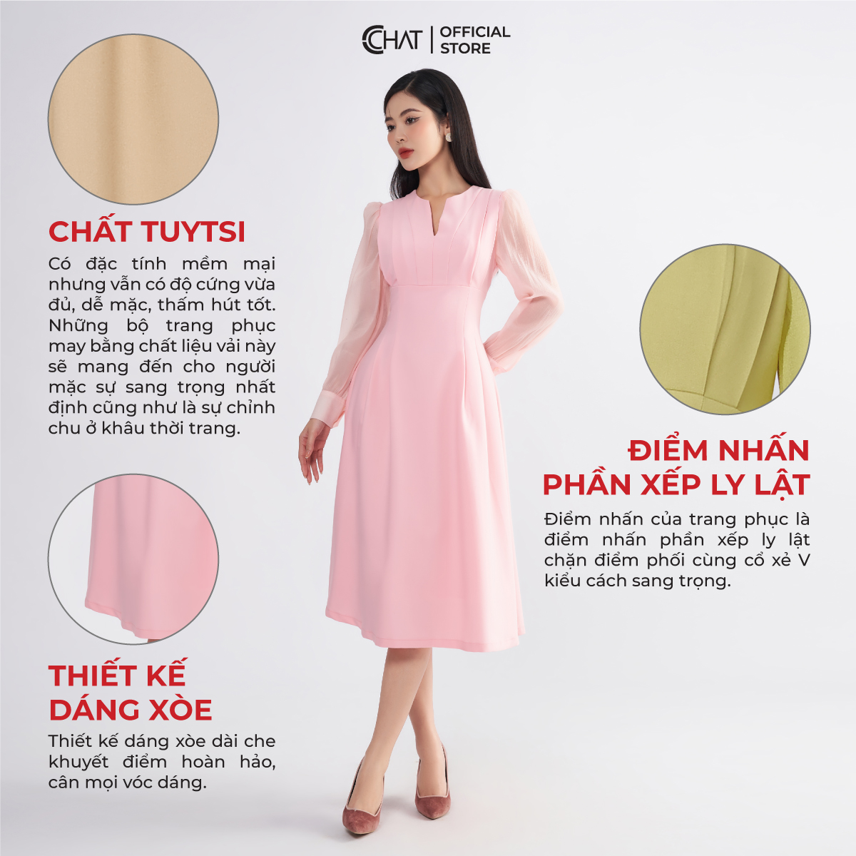 Đầm Nữ Cổ V Ly Chiết Xếp Chặn Dáng Xòe Chất Tuytsi Mềm Mịn 22VDS8027XT