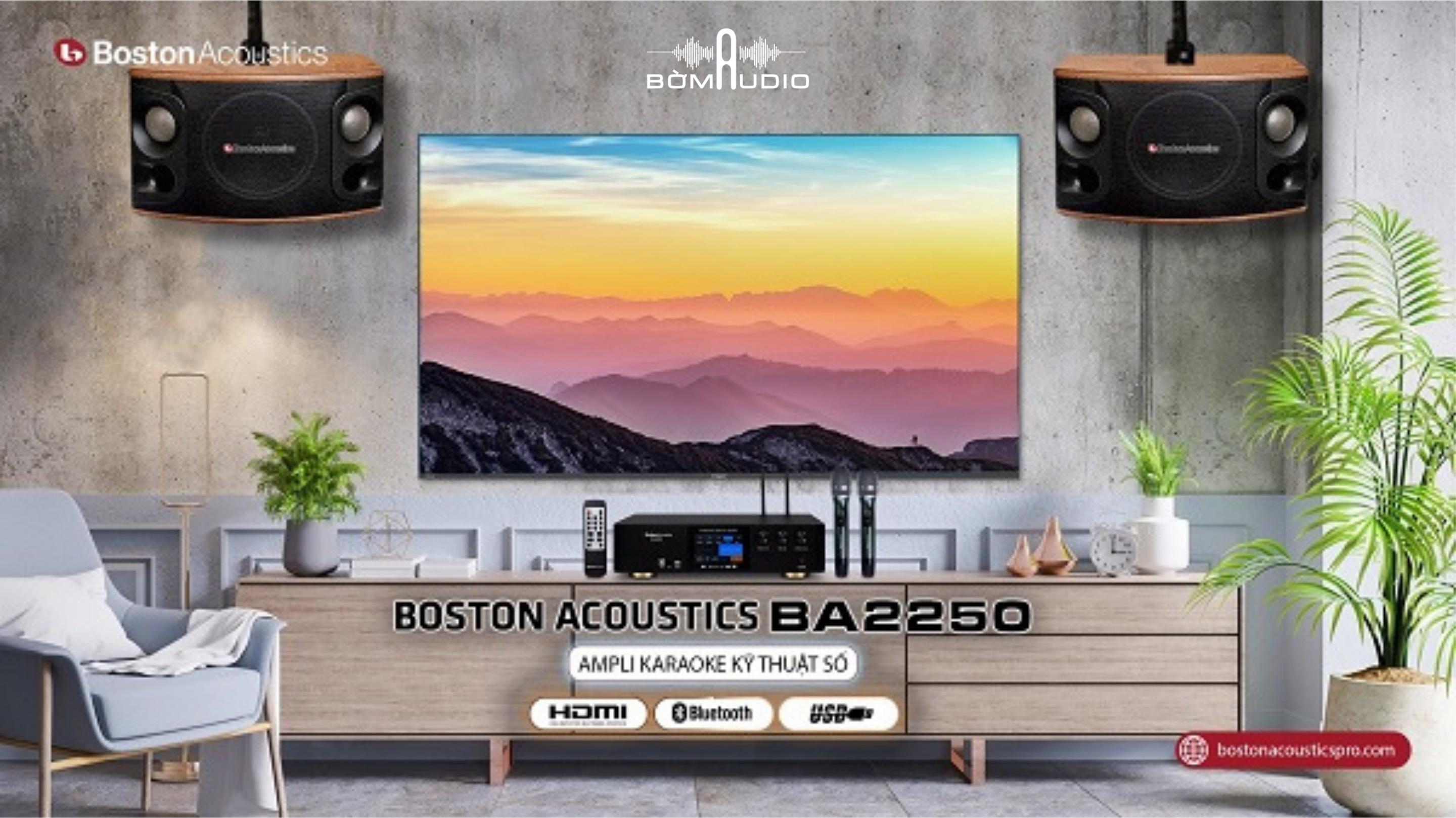 BOSTON ACOUSTICS BA-2250 | Ampli Karaoke Kỹ Thuật Số Cao Cấp - Tích Hợp Micro Không Dây + Mạch DAC Giải Mã Chất Lượng Cao Qua cổng HDMI và Optical - Kết nối USB tiện dụng + Bluetooth thời thượng - Công suất 300WKênh x 8 Ohms | Hàng Chính Hãng _ Mới 100%