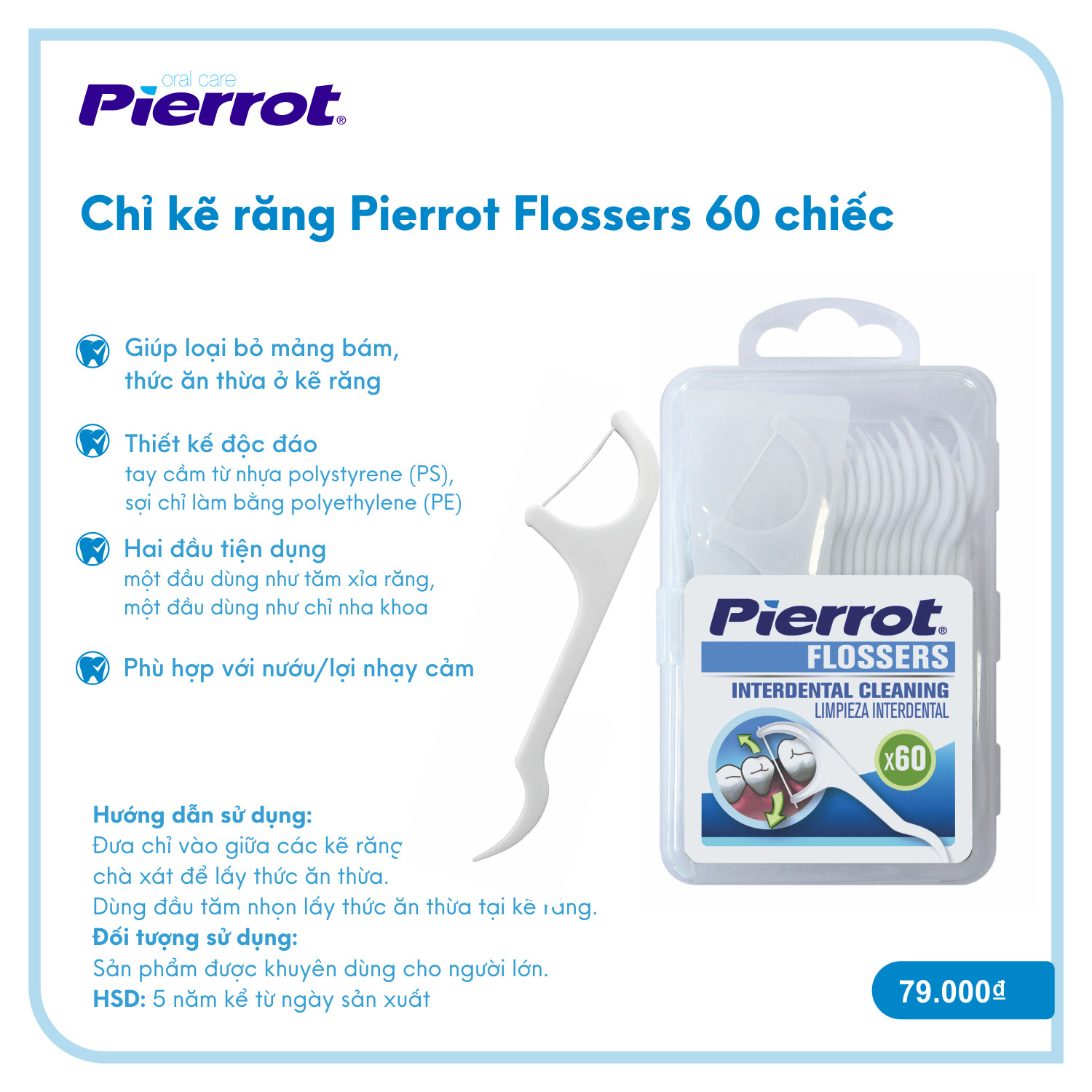 Chỉ kẽ răng Pierrot Flossers 60 chiếc làm sạch kẽ răng, ngừa mảng bám