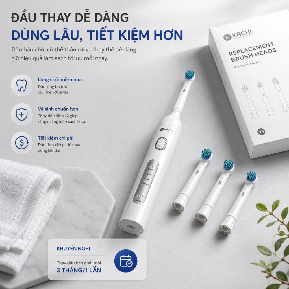 Bàn chải điện đầu xoay tròn Kachi MK361 kèm đế sạc không dây và 2 đầu bàn chải