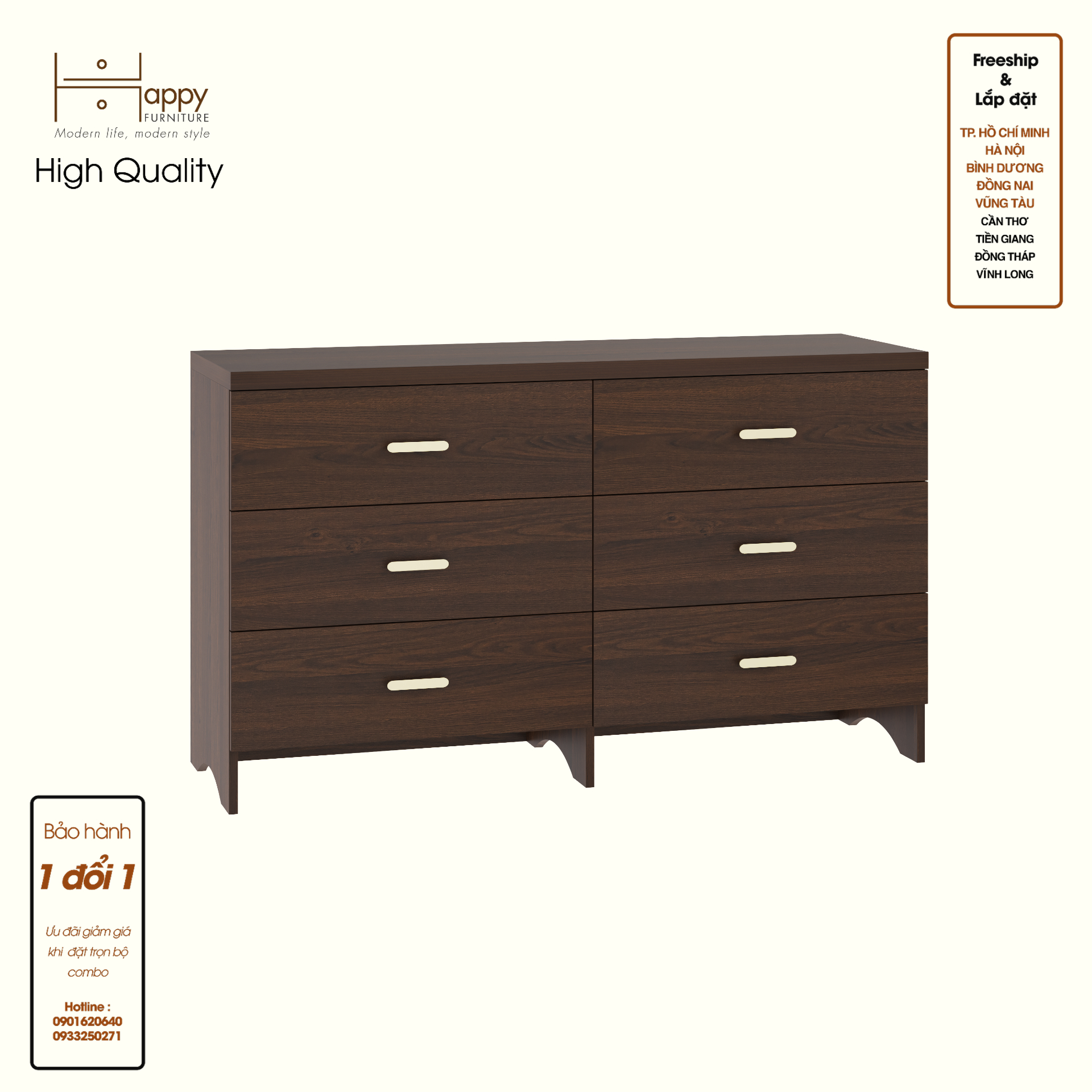 HAPPY FURNITURE , Tủ lưu trữ 6 ngăn kéo - CHEVY, THK_265 , 140cm x 45cm x 82cm DxRxC