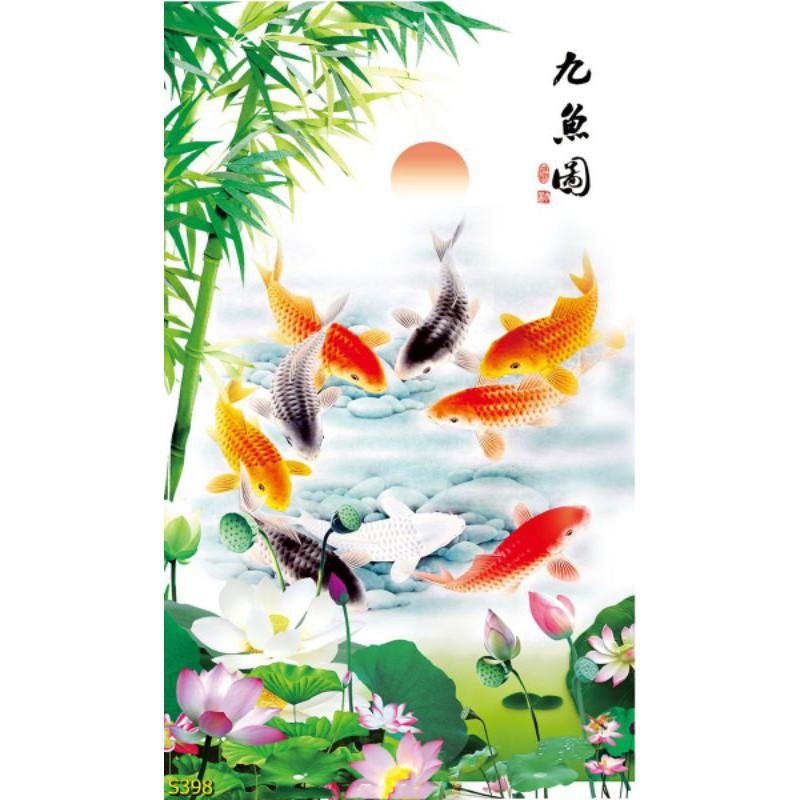 Tranh dán tường Tranh Sen cá cửu ngư thanh lịch, Tranh dán tường 3d hiện đại