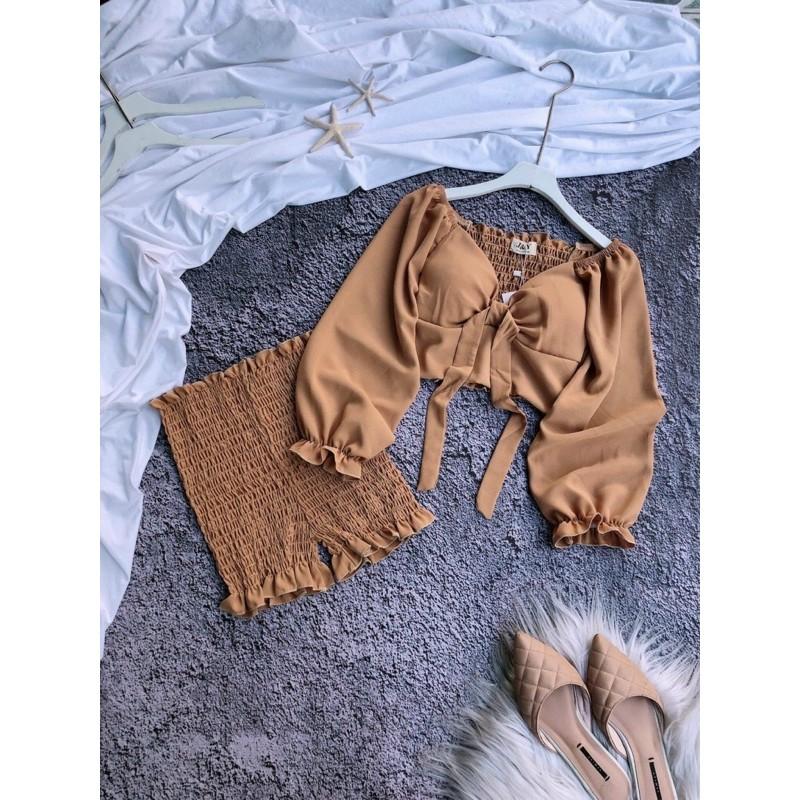 Set áo croptop cột nơ ngực có mút phối quần lưng cao bo nhún siêu xinh chất kate lụa