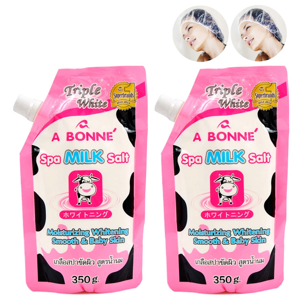 Bộ 2 Túi Muối Tắm Sữa Bò Tẩy Tế Bào Chết A Bonne Spa Milk Salt Thái Lan (350g/Túi) + Tặng Kèm 2 Trùm Đầu Khi Tắm Hoặc Ủ Tóc Trong Suốt