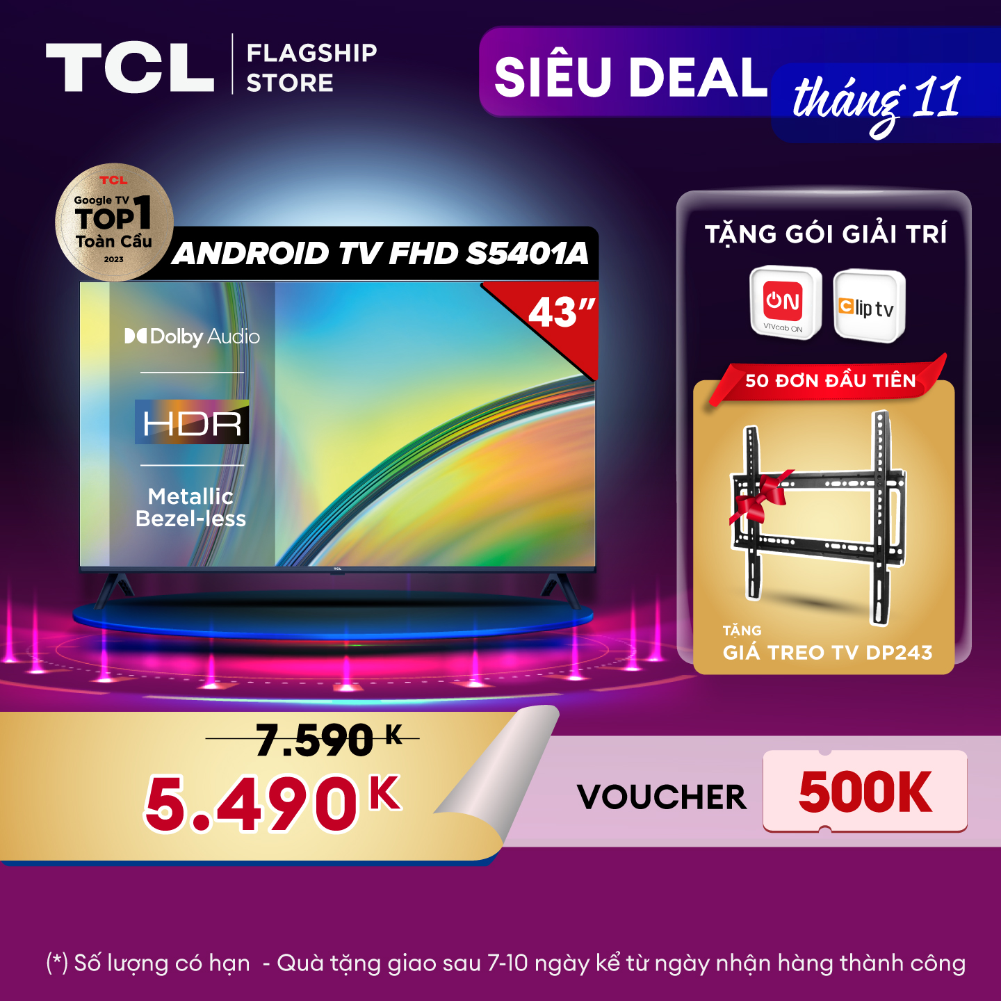 Android TV HD TCL 43inch - 43S5401A - Smart TV - Hàng chính hãng - Bảo hành 2 năm - FBT