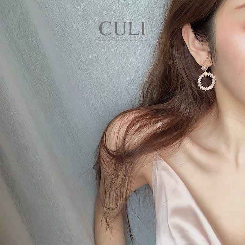 Khuyên tai dáng dài, khoen tròn đính đá phối hạt trai xinh xắn HT676 - Culi accessories